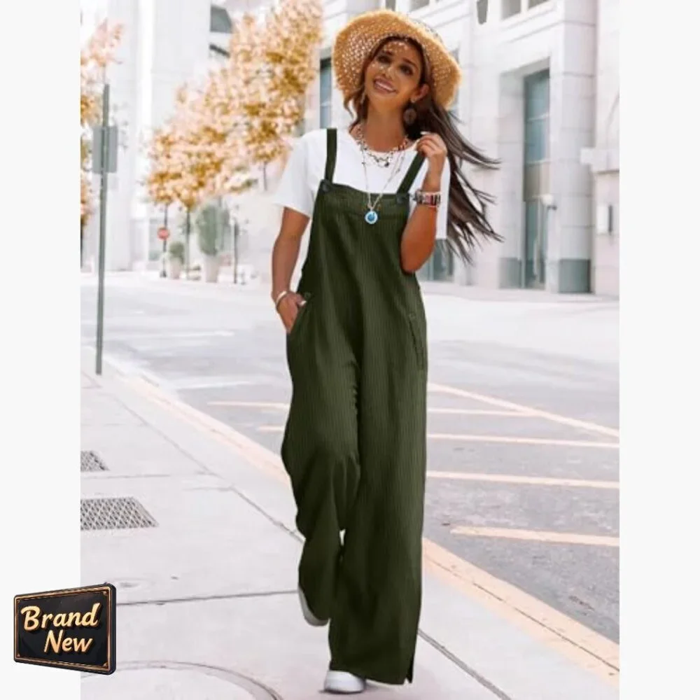 Women's Corduroy Overalls Adjustable Straps Wide Leg Jumpsuit with Pockets